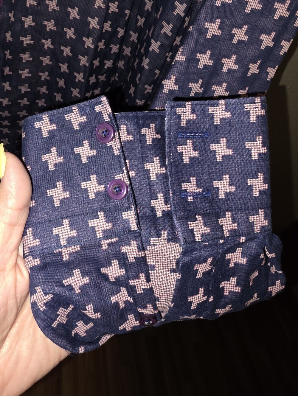 BOGOSSE Men's Navy Button-Down Shirt with Pink Cross Print - Picture 4 of 6